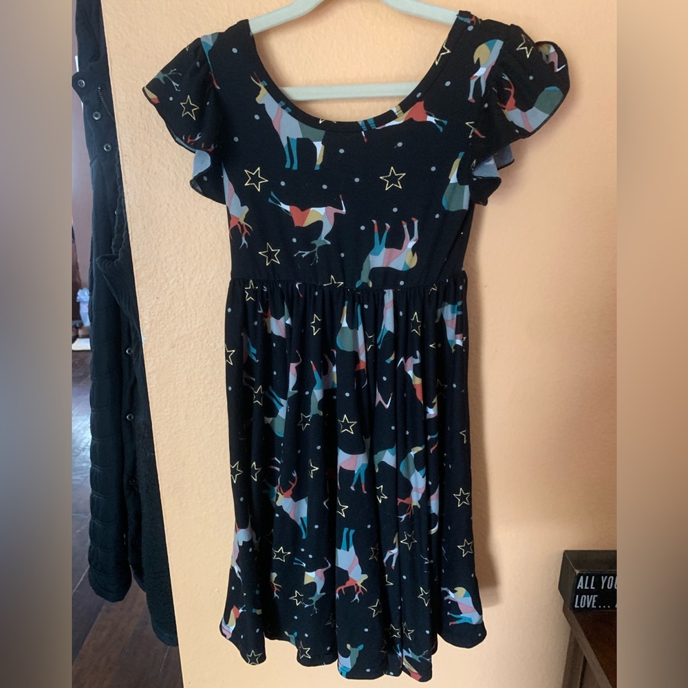 Dot dot Smile soft black twirl dress with deers and stars, ruffle sleeves, 7